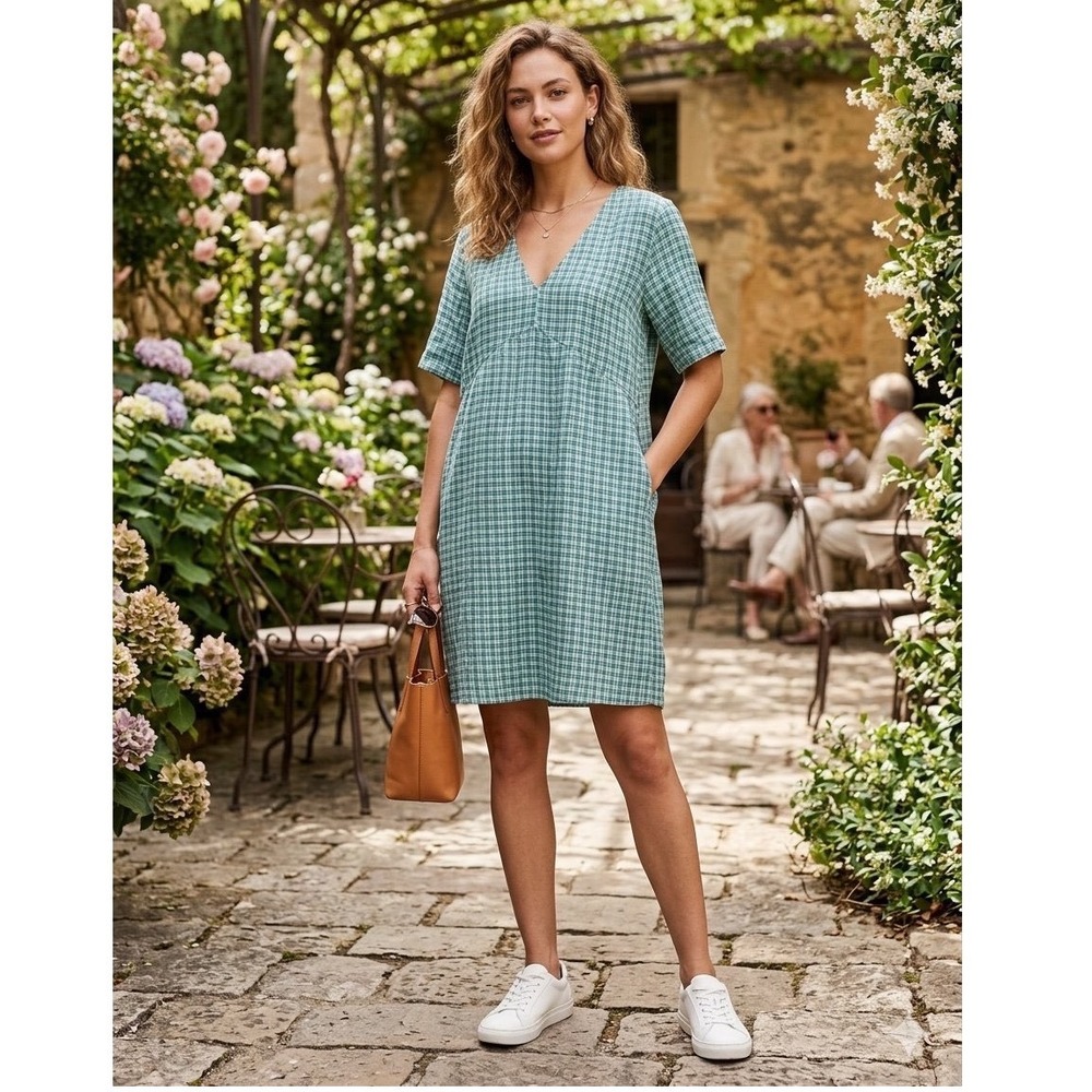 Old Navy Green Blue Plaid Linen Blend V-Neck Shift Dress Large NWT